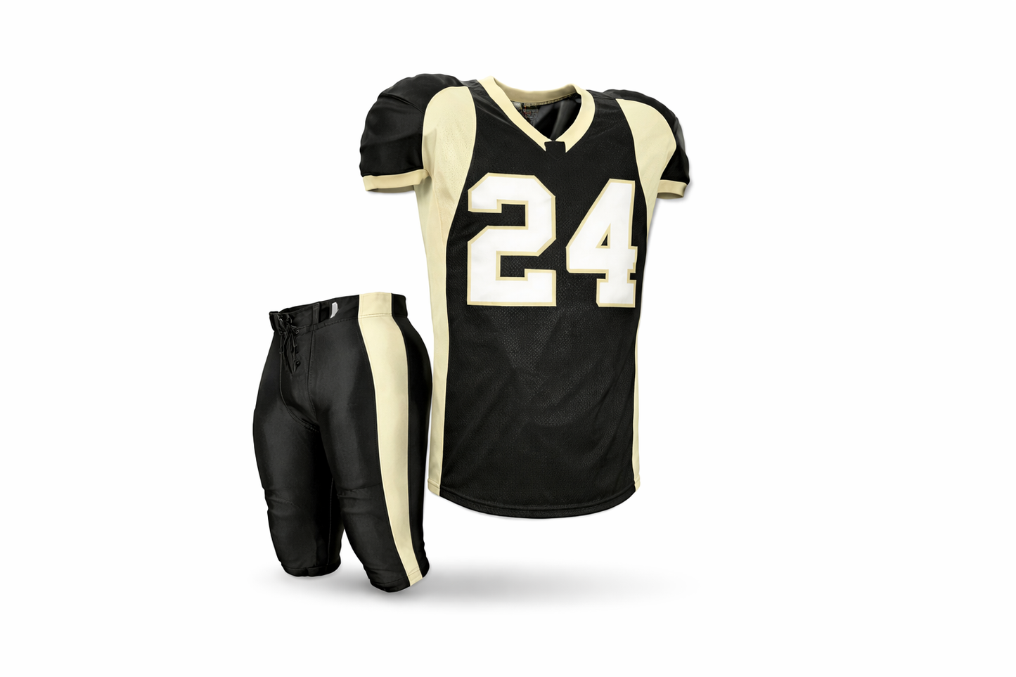 Black and beige football uniform with number 24 on a white background