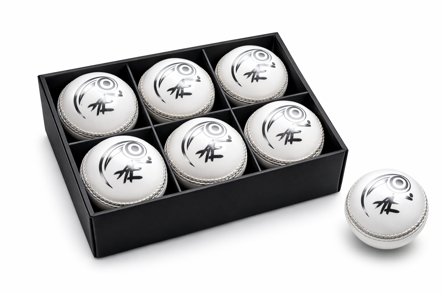 Set of six white balls with black symbols in a black box on a white background