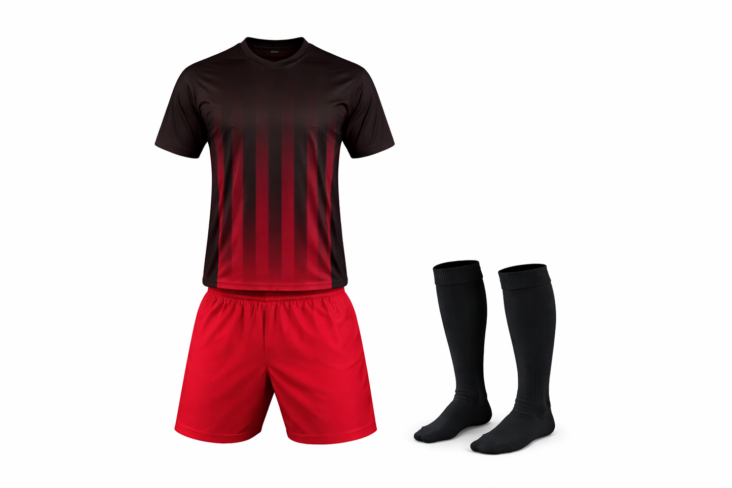 Black and red soccer jersey with shorts and black socks on a white background