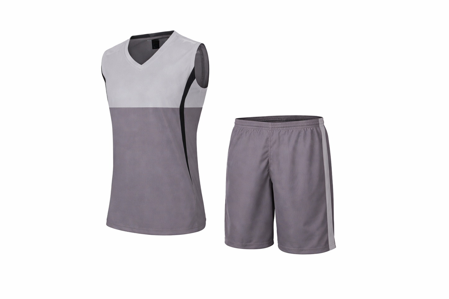 Gray sleeveless shirt and shorts set on a white background