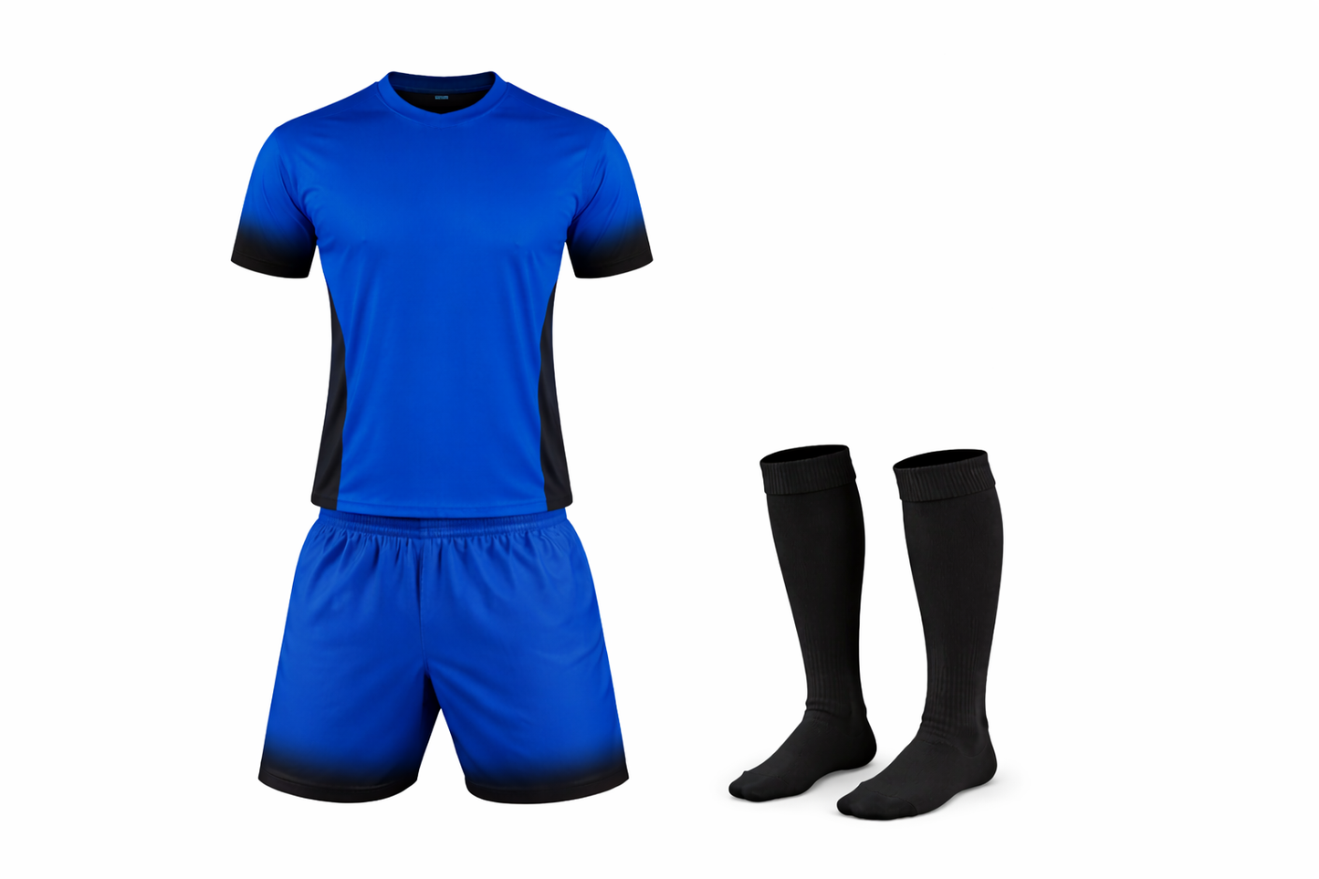 Blue sports outfit with black accents and black socks on a white background