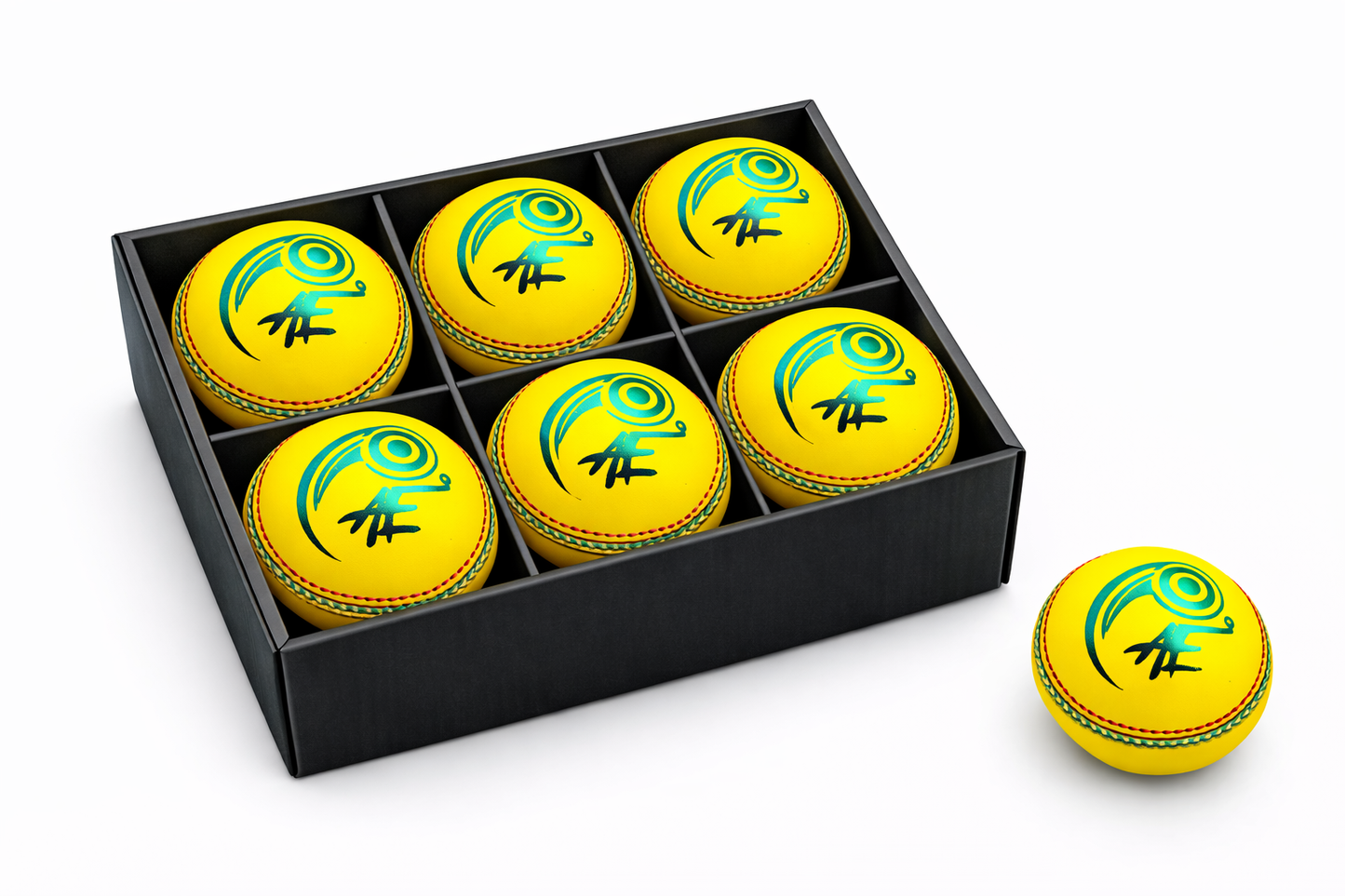 Yellow cricket balls with a logo in a black box on a white background