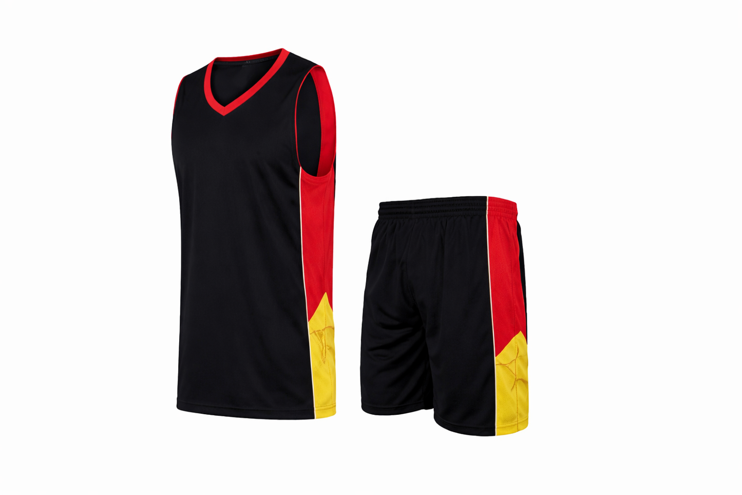 Basketball jersey and shorts set with black, red, and yellow design on a white background