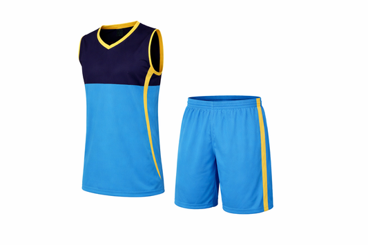 Blue basketball jersey and shorts with yellow accents on a white background