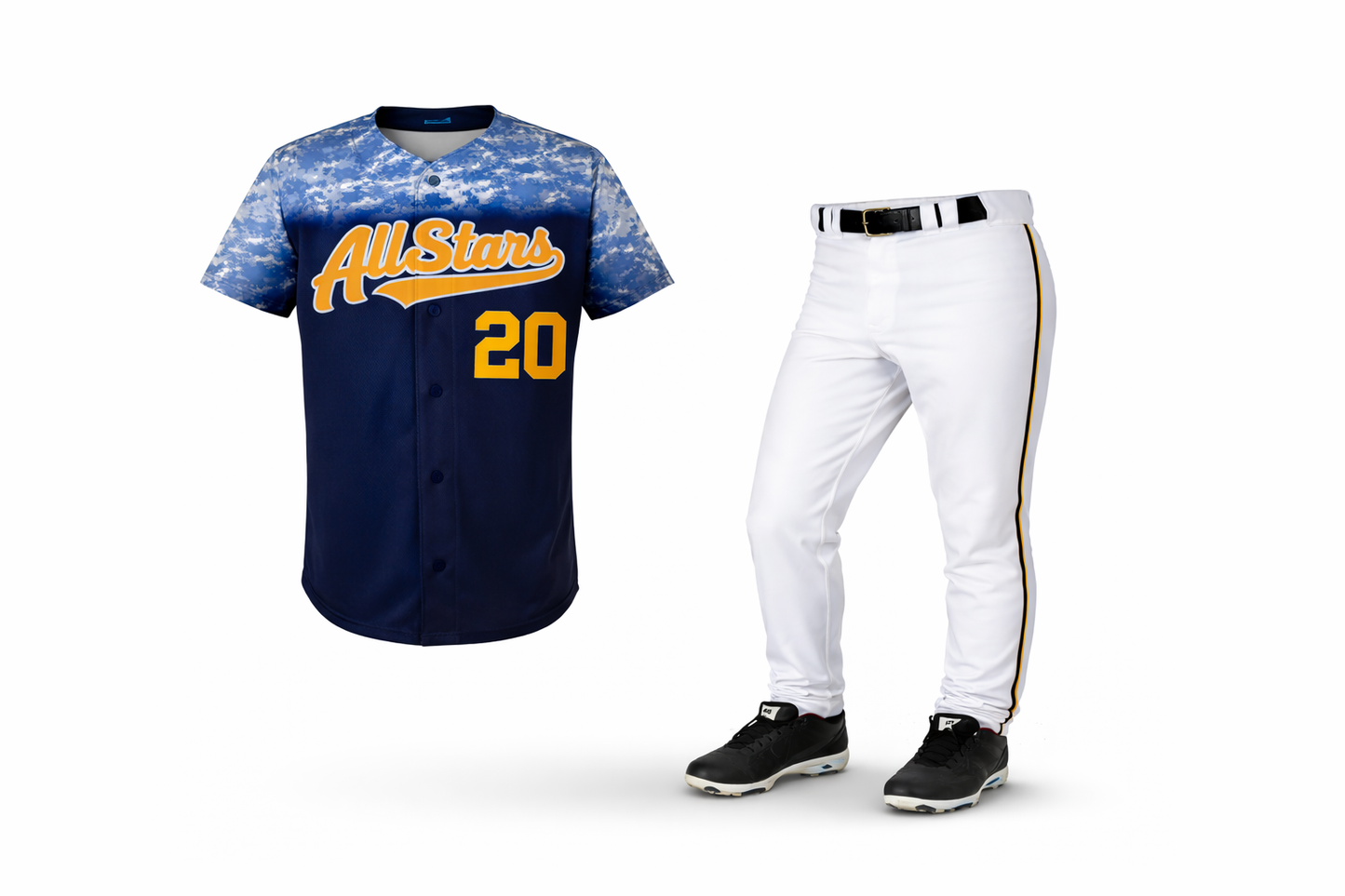 Baseball uniform with blue jersey and white pants on a white background