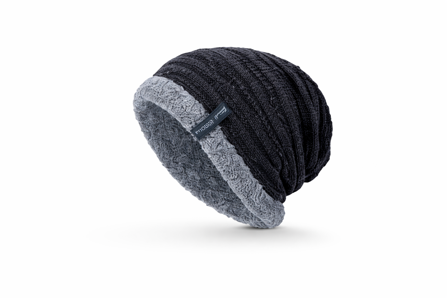 Black and gray beanie hat on a white background