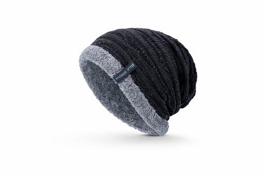 Black and gray beanie hat on a white background