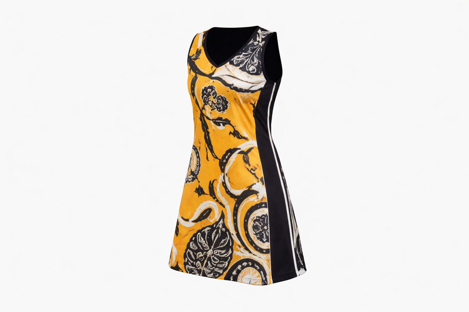 Yellow and black patterned sleeveless dress on a white background