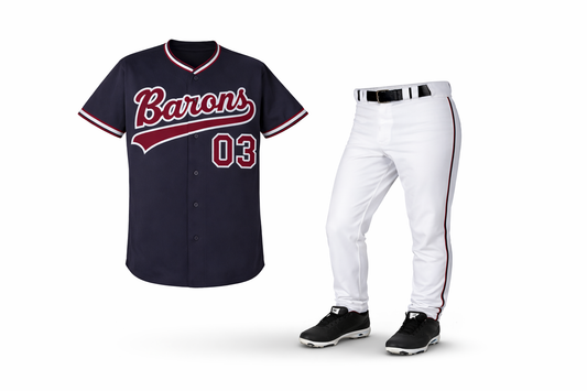 Baseball uniform with navy jersey and white pants on a white background