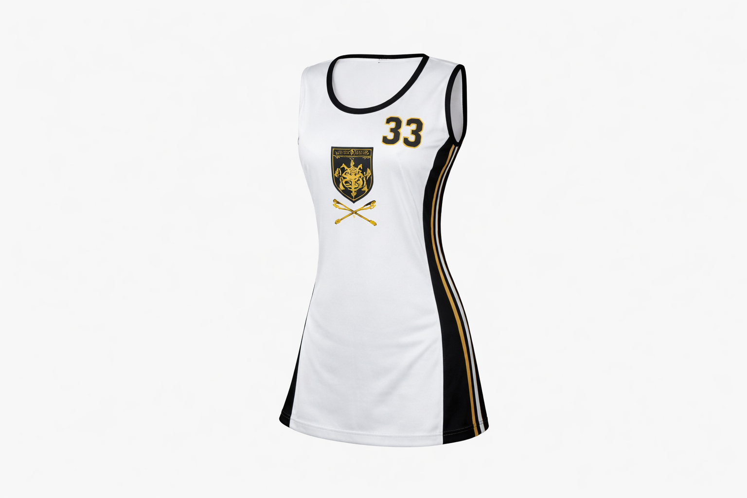 White sports jersey with black accents and gold details on a white background