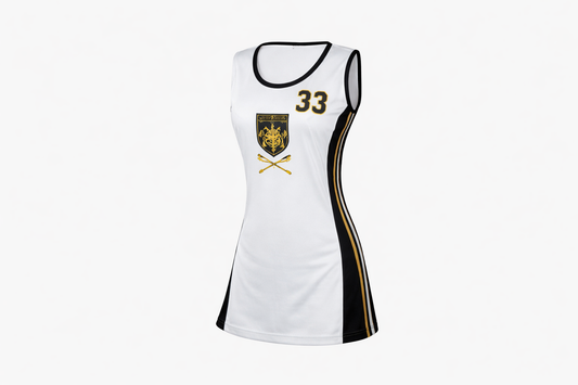White sports jersey with black accents and gold details on a white background