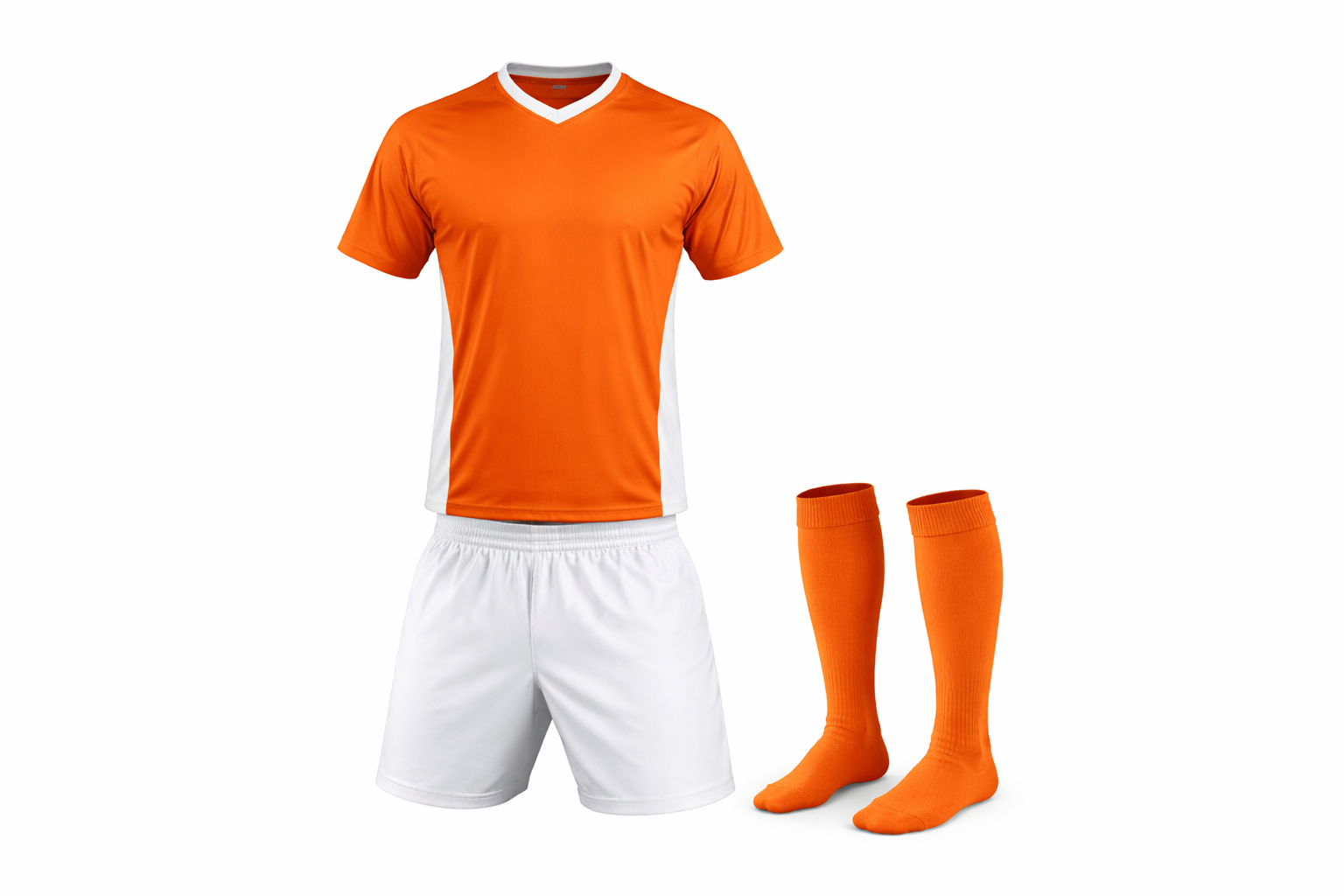 Orange soccer jersey, white shorts, and orange socks on a white background