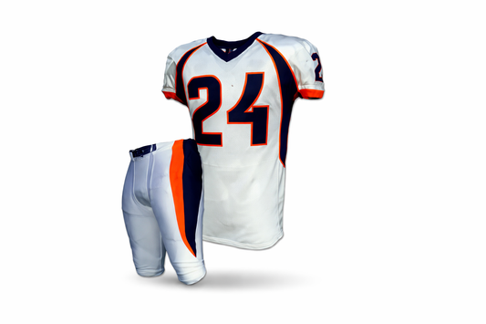White football uniform with blue and orange accents on a white background
