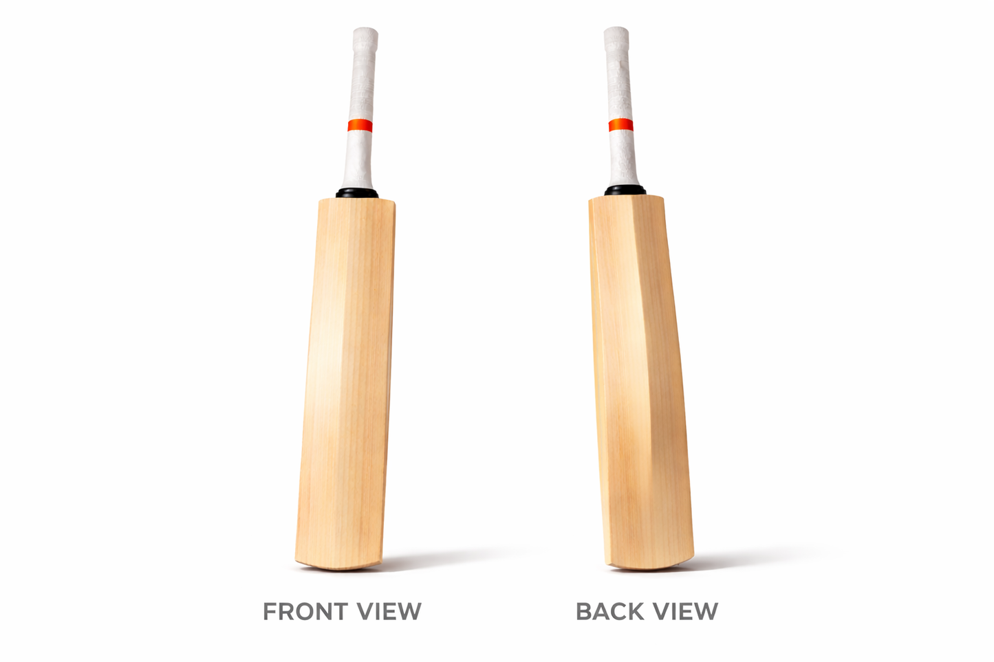 Two views of a wooden cricket bat on a white background