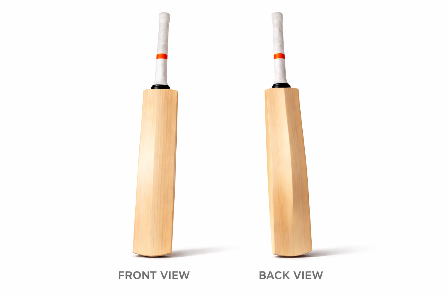 Two views of a wooden cricket bat on a white background