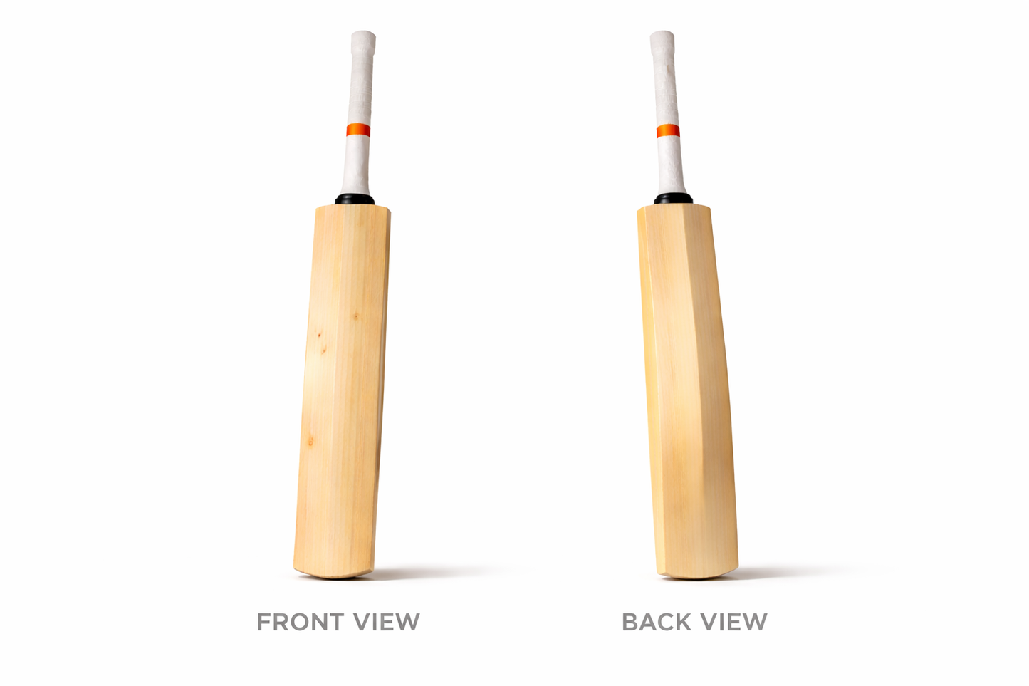 Two views of a wooden cricket bat on a white background