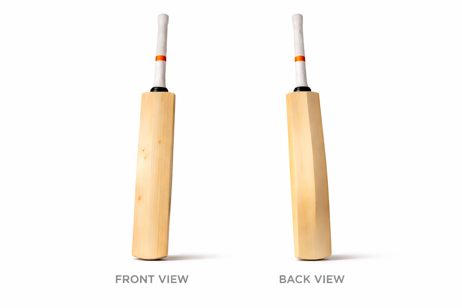 Two views of a wooden cricket bat on a white background