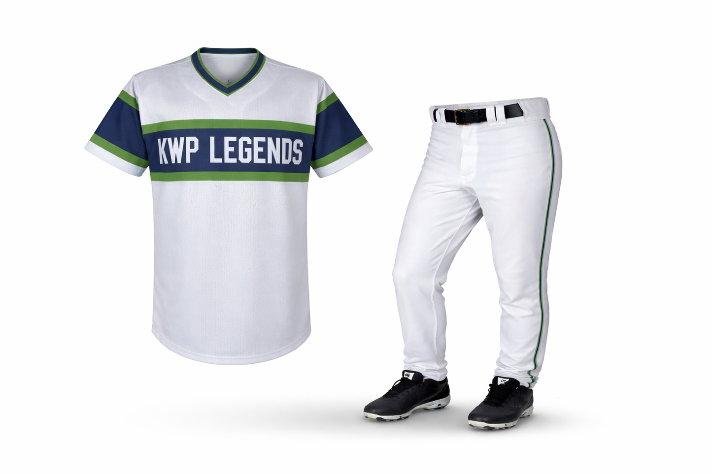 Baseball uniform with 'KWP LEGENDS' on a white background