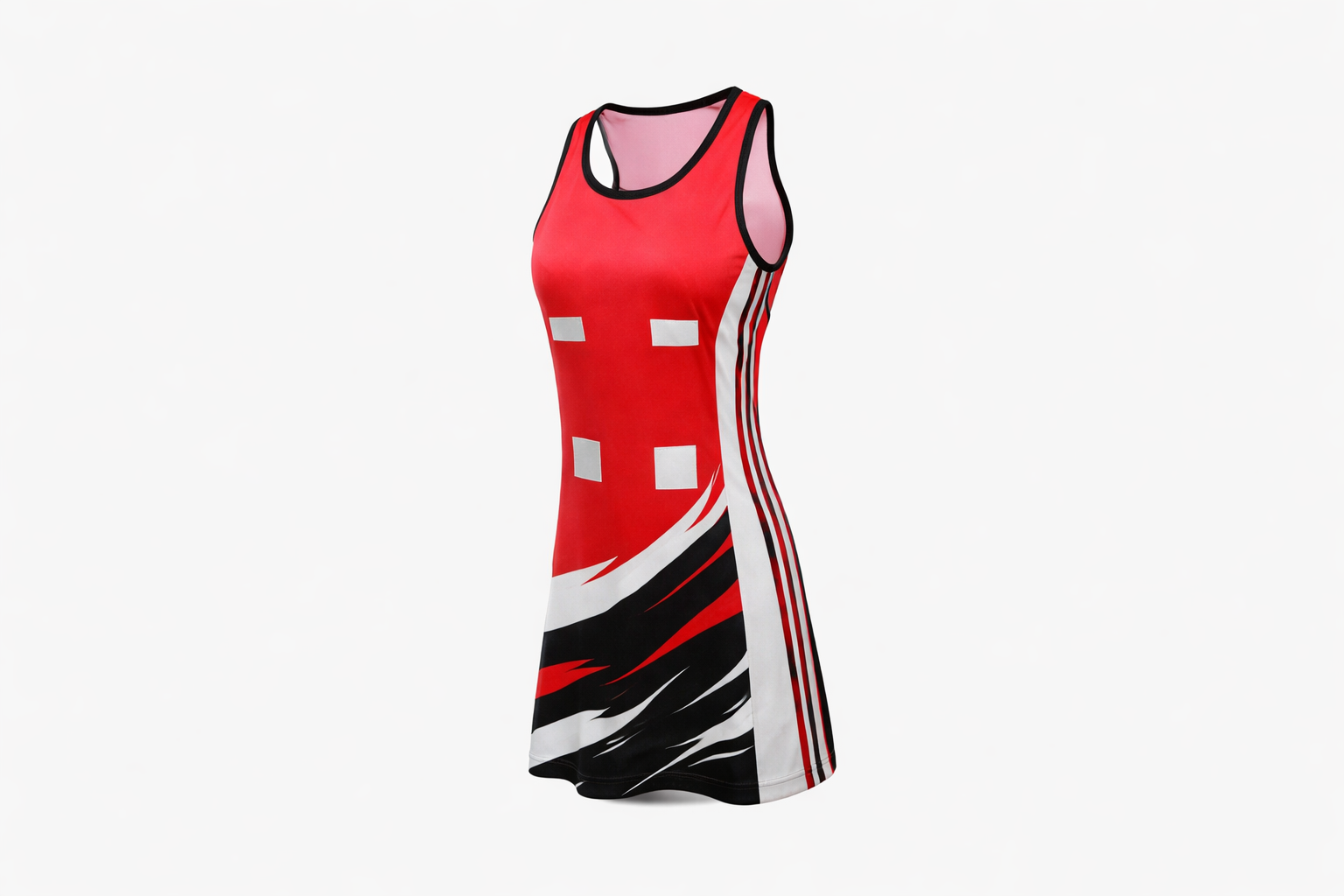 Red and black athletic dress with white accents on a white background