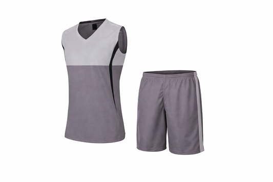 Gray sleeveless shirt and shorts set on a white background
