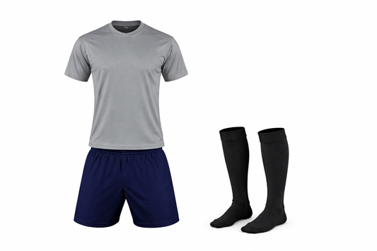 Gray sports shirt, navy shorts, and black knee-high socks on a white background