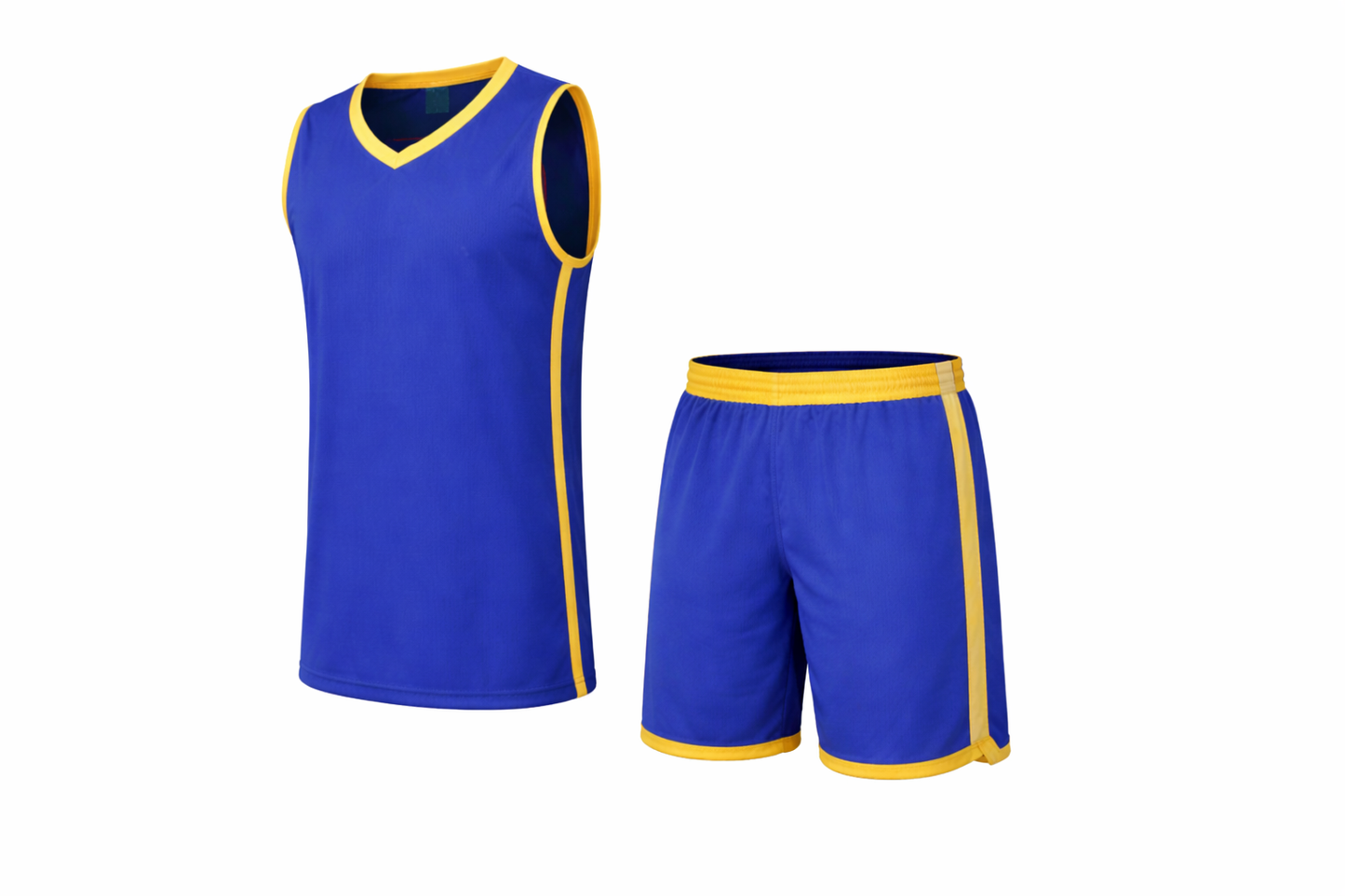 Blue basketball jersey and shorts with yellow accents on a white background