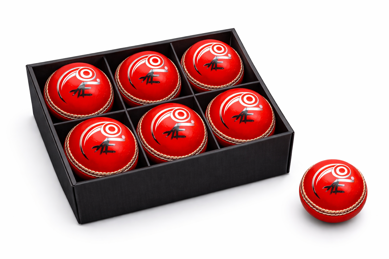 Red cricket balls with a logo in a black box on a white background