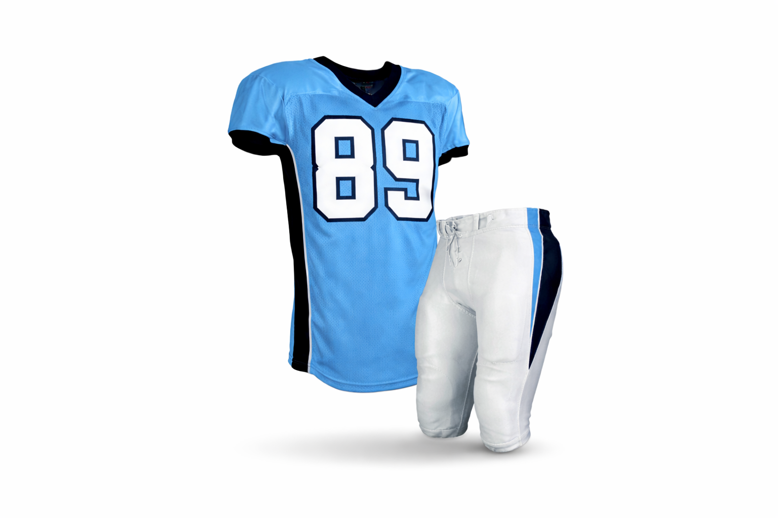 Blue football jersey with number 89 and white pants on a white background