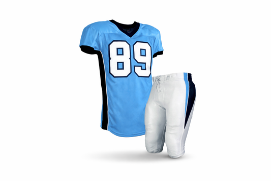 Blue football jersey with number 89 and white pants on a white background