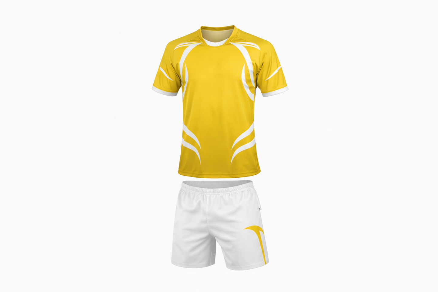 Yellow sports jersey with white accents and matching shorts on a white background