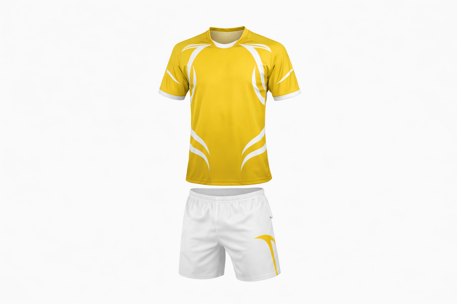 Yellow sports jersey with white accents and matching shorts on a white background