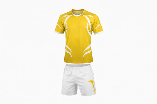 Yellow sports jersey with white accents and matching shorts on a white background