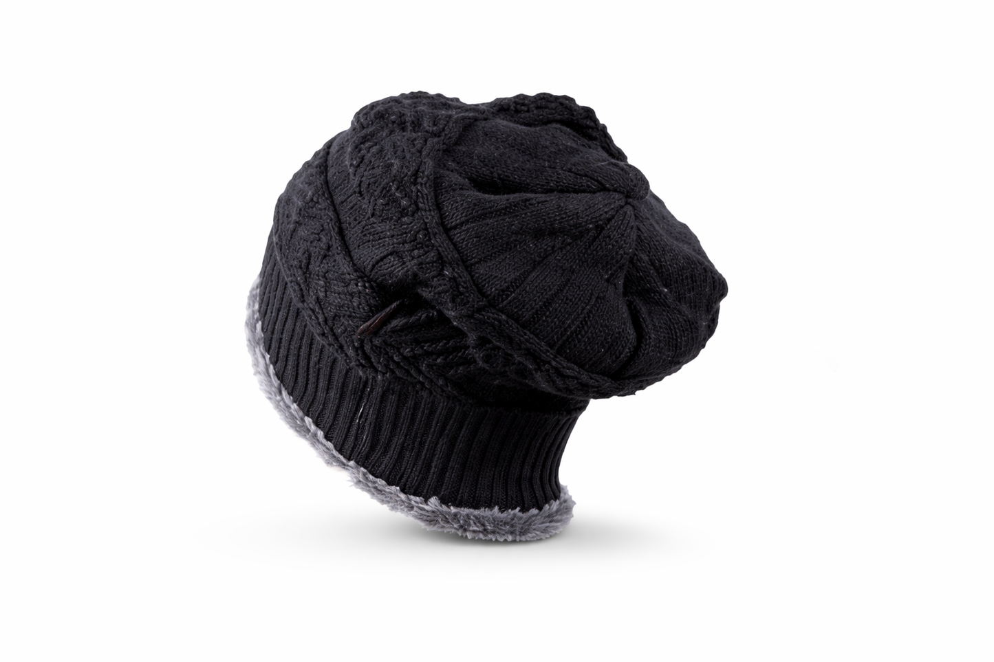 Black knit beanie with gray trim on a white background