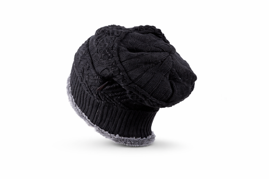 Black knit beanie with gray trim on a white background