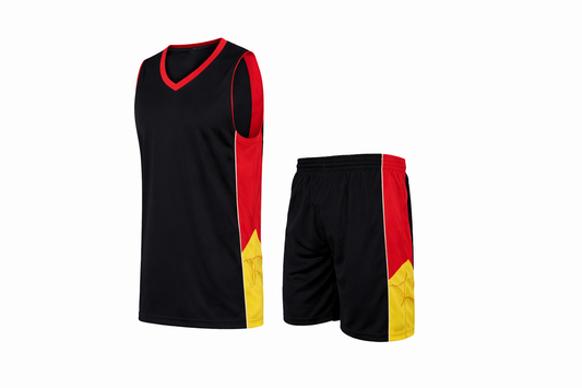 Basketball jersey and shorts set with black, red, and yellow design on a white background