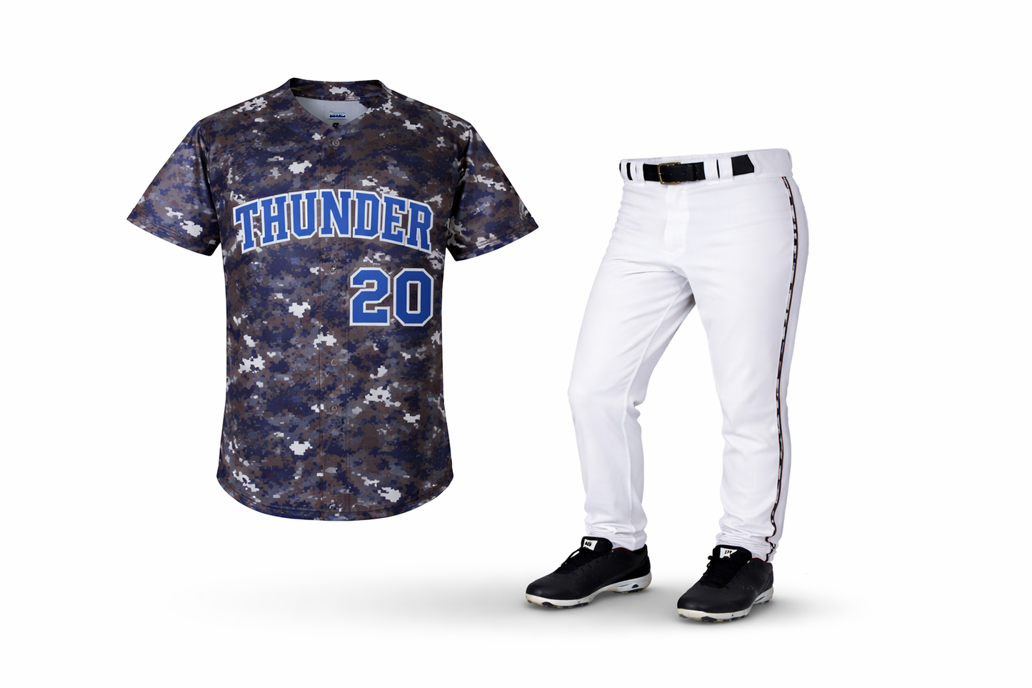 Baseball uniform with camouflage jersey, white pants, and black shoes on a white background