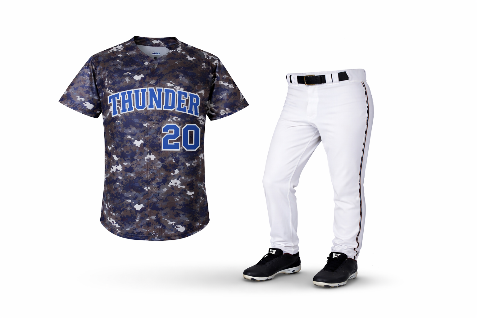 Baseball uniform with camouflage jersey, white pants, and black shoes on a white background