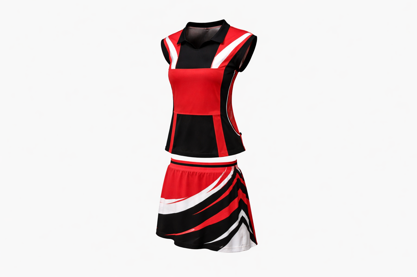 Red, black, and white striped dress on a white background