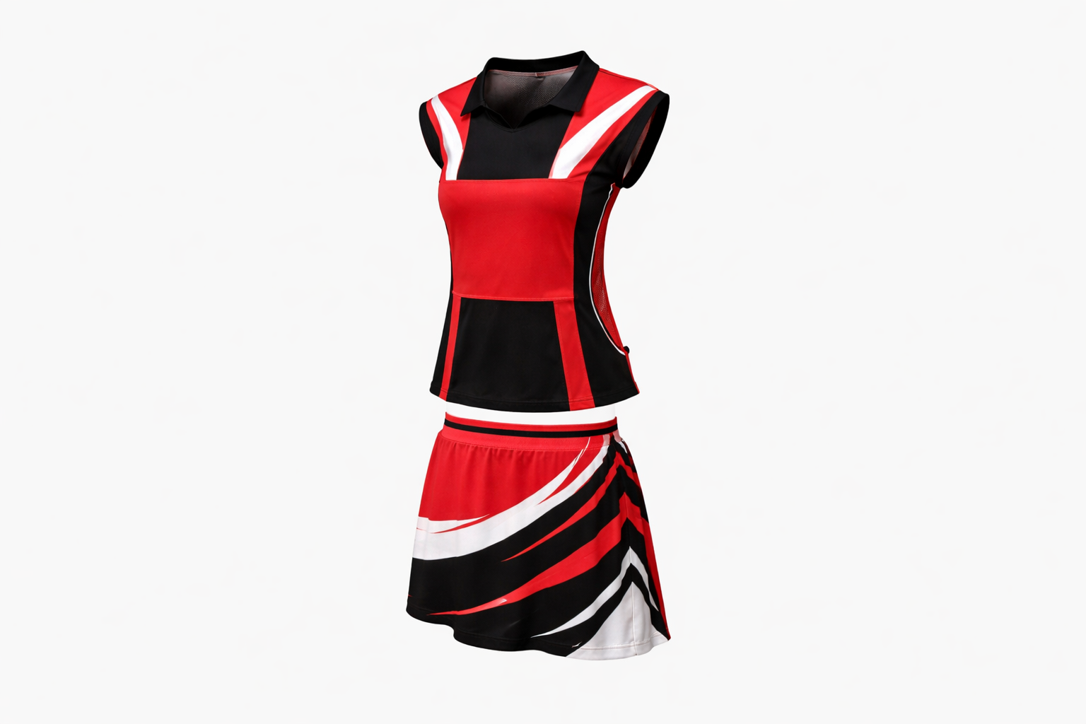 Red, black, and white striped dress on a white background