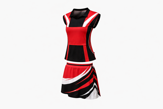 Red, black, and white striped dress on a white background