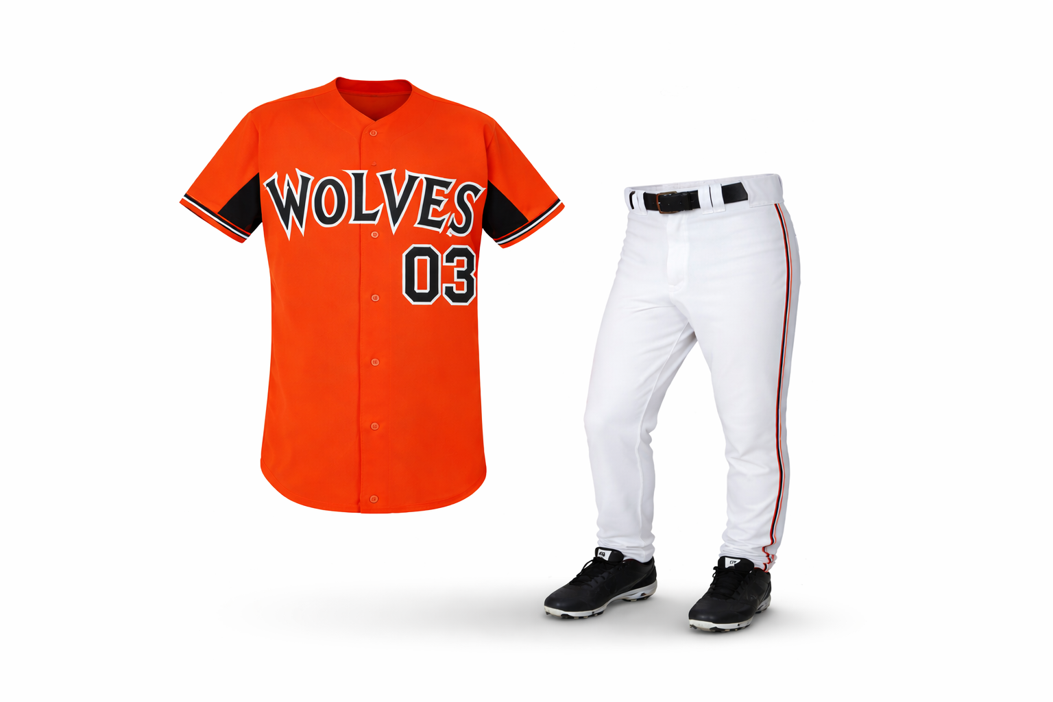Orange baseball jersey with 'Wolves' and number '03', white pants, and black shoes on a white background