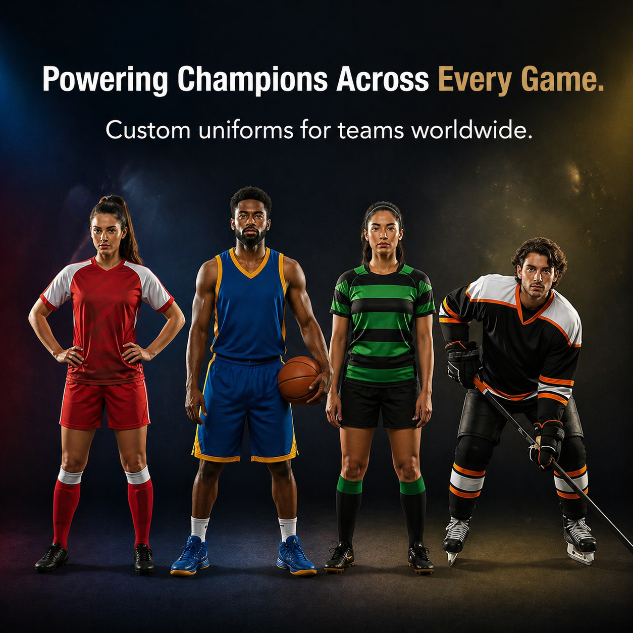 Four athletes in different sports uniforms with text about custom uniforms for teams worldwide.